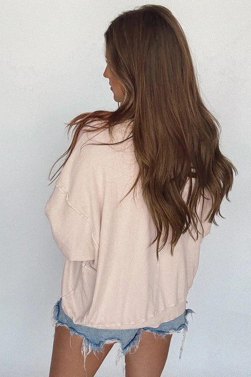 Raw Edge Flower Patch Drop Shoulder Contrast Rib Crewneck Long Sleeve Top